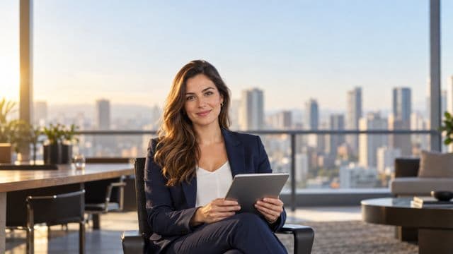 Analista financeira sorrindo, com terno azul-marinho, segurando um tablet, em um escritório corporativo com vista para a cidade
