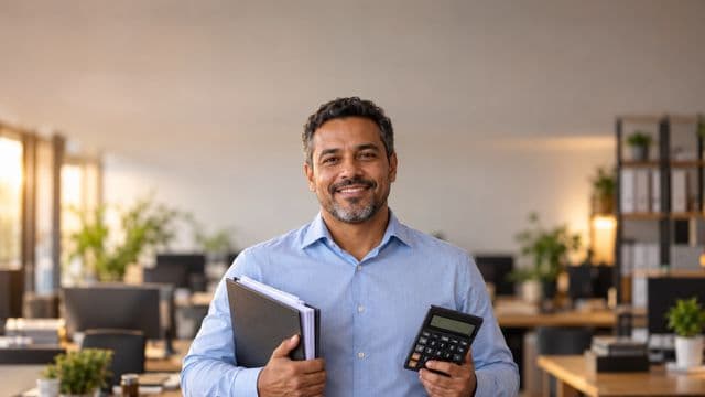 Contador sorrindo, com camisa social azul-clara, segurando uma calculadora e uma pasta de documentos, em um escritório contábil moderno