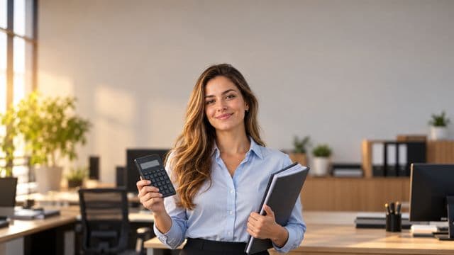 Contadora sorrindo, com camisa social azul-clara, segurando uma calculadora e uma pasta de documentos, em um escritório contábil moderno