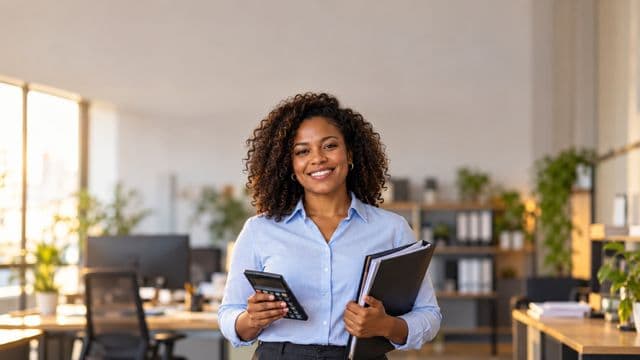 Contadora sorrindo, com camisa social azul-clara, segurando uma calculadora e uma pasta de documentos, em um escritório contábil moderno