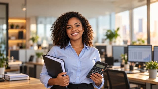 Contadora sorrindo, com camisa social azul-clara, segurando uma calculadora e uma pasta de documentos, em um escritório contábil moderno