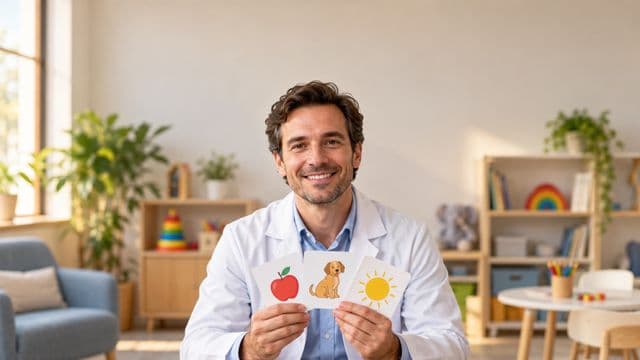 Fonoaudiólogo sorrindo, com jaleco branco sobre camisa azul-clara, segurando cartões ilustrados de fala, em um consultório de fonoaudiologia claro e acolhedor