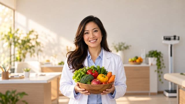 Nutricionista sorrindo, com jaleco branco sobre camisa azul-clara, segurando uma tigela de frutas e legumes frescos, em um consultório de nutrição claro com bancada e balança