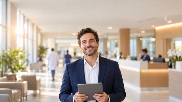 Gestor hospitalar sorrindo, com blazer azul-marinho sobre camisa branca, segurando um tablet, em a recepção de um hospital moderno