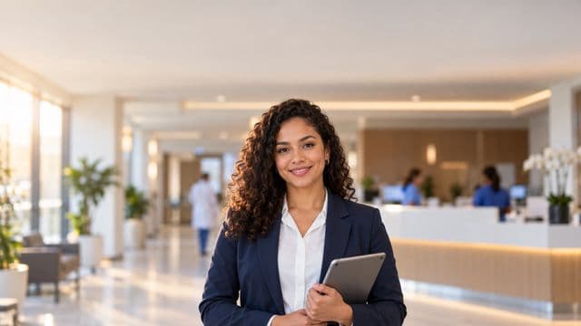 Gestora hospitalar sorrindo, com blazer azul-marinho sobre camisa branca, segurando um tablet, em a recepção de um hospital moderno