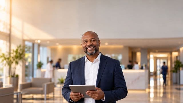 Gestor hospitalar sorrindo, com blazer azul-marinho sobre camisa branca, segurando um tablet, em a recepção de um hospital moderno