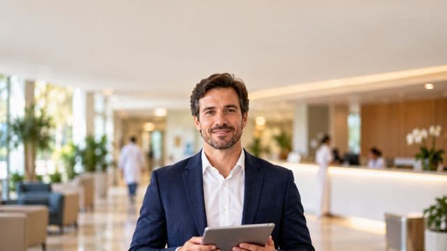 Gestor hospitalar sorrindo, com blazer azul-marinho sobre camisa branca, segurando um tablet, em a recepção de um hospital moderno