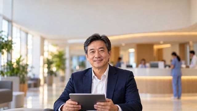 Gestor hospitalar sorrindo, com blazer azul-marinho sobre camisa branca, segurando um tablet, em a recepção de um hospital moderno