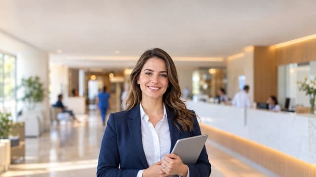 Gestora hospitalar sorrindo, com blazer azul-marinho sobre camisa branca, segurando um tablet, em a recepção de um hospital moderno