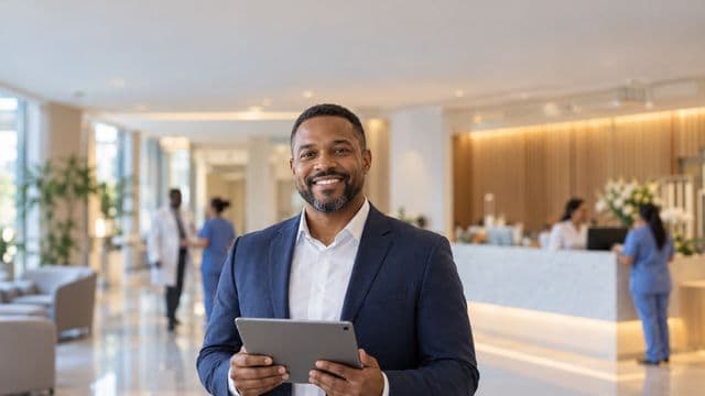 Gestor hospitalar sorrindo, com blazer azul-marinho sobre camisa branca, segurando um tablet, em a recepção de um hospital moderno