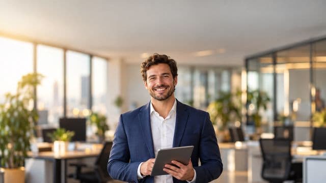 Profissional sorrindo, com blazer azul sobre camisa branca, segurando um tablet, em um escritório moderno e bem iluminado