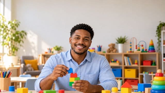 Psicopedagogo sorrindo, com camisa azul-clara, segurando blocos de montar coloridos, em uma sala de atendimento infantil colorida e organizada, com brinquedos pedagógicos