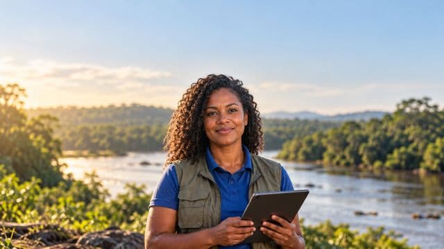 Gestora ambiental sorrindo, com camisa polo azul e colete de campo, segurando um tablet, em uma área de preservação com mata e um rio