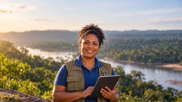 Gestora ambiental sorrindo, com camisa polo azul e colete de campo, segurando um tablet, em uma área de preservação com mata e um rio