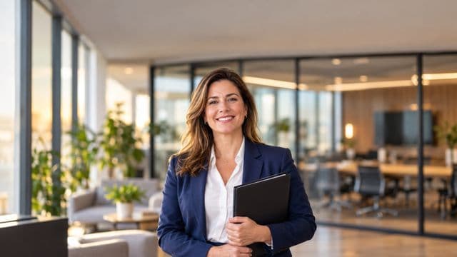 Profissional de recursos humanos sorrindo, com blazer azul sobre camisa branca, segurando uma pasta de documentos, em um escritório moderno com uma sala de reunião envidraçada