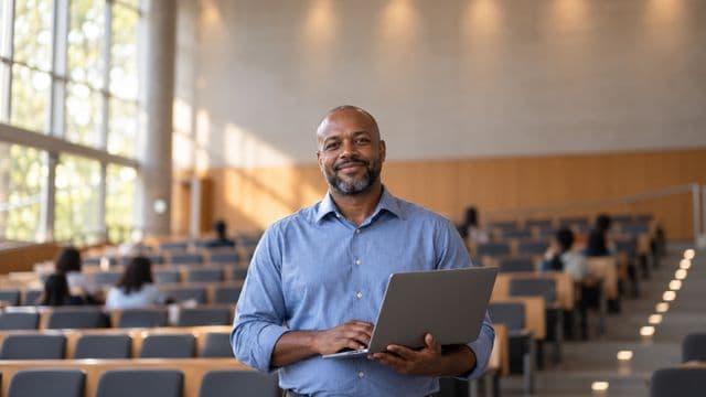 Professor universitário sorrindo, com camisa social azul, segurando um notebook, em um auditório universitário moderno
