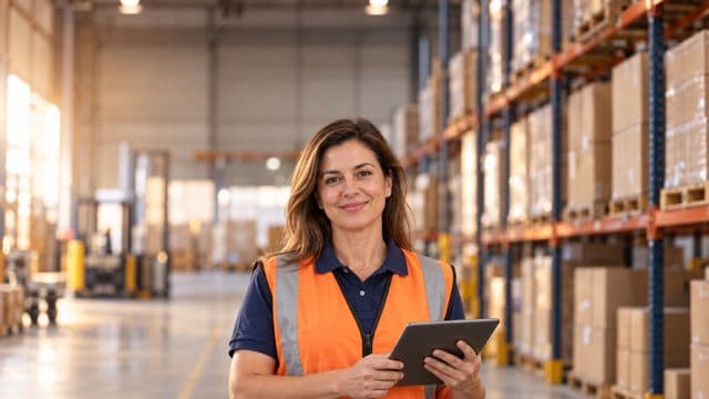Profissional de logística sorrindo, com colete refletivo laranja sobre camisa polo azul, segurando um tablet, em um centro de distribuição com prateleiras altas e caixas