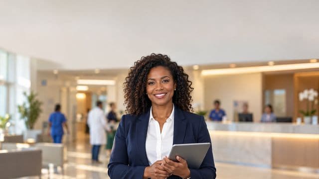 Gestora hospitalar sorrindo, com blazer azul-marinho sobre camisa branca, segurando um tablet, em a recepção de um hospital moderno