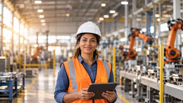 Engenheira de produção sorrindo, com capacete branco e colete laranja sobre camisa azul, segurando um tablet, em uma fábrica moderna com linha de produção e braços robóticos