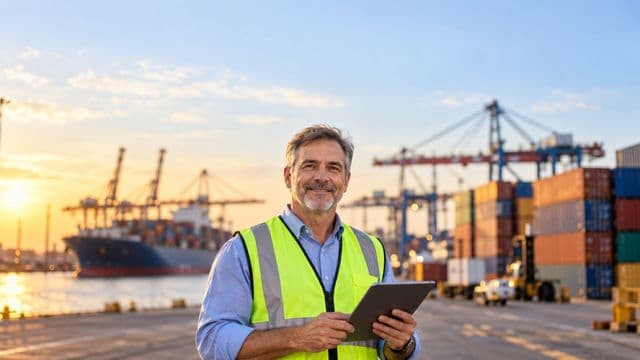 Analista de comércio exterior sorrindo, com camisa social azul e colete refletivo, segurando um tablet, em um porto com contêineres coloridos empilhados