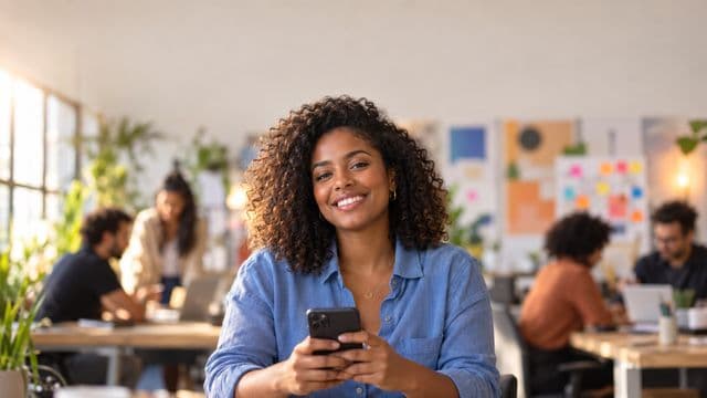Profissional de marketing sorrindo, com camisa casual azul, segurando um smartphone, em uma agência criativa moderna com equipe desfocada e quadros de ideias