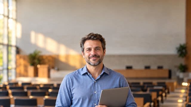 Professor universitário sorrindo, com camisa social azul, segurando um notebook, em um auditório universitário moderno