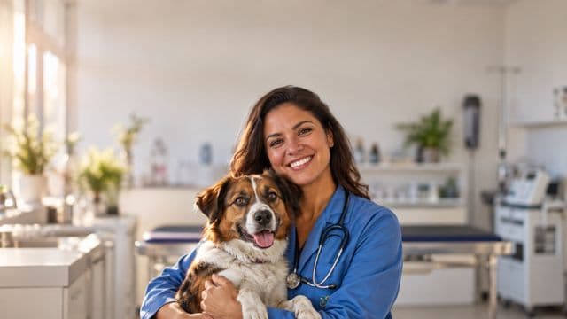 Médica veterinária sorrindo, com jaleco azul e estetoscópio, segurando com carinho um cachorro de porte médio, em uma clínica veterinária moderna e clara