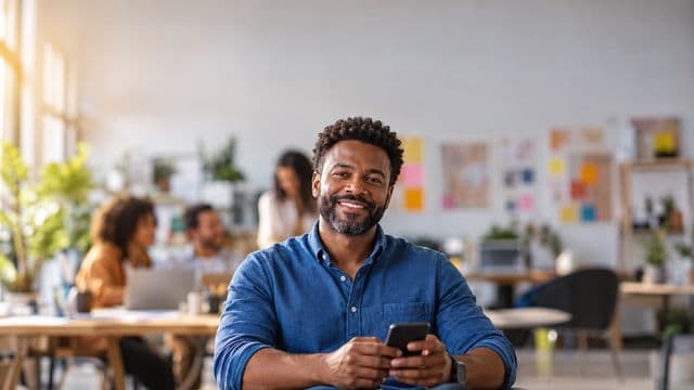 Profissional de marketing sorrindo, com camisa casual azul, segurando um smartphone, em uma agência criativa moderna com equipe desfocada e quadros de ideias