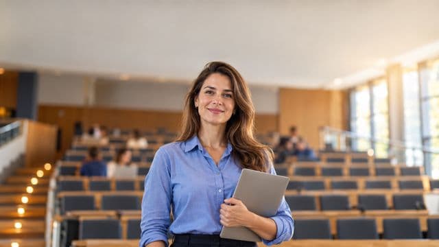 Professora universitária sorrindo, com camisa social azul, segurando um notebook, em um auditório universitário moderno