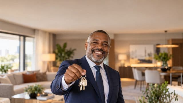 Corretor de imóveis sorrindo, com terno azul-marinho, segurando um molho de chaves, em a sala de um apartamento moderno e decorado