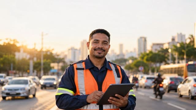 Agente de trânsito sorrindo, com colete refletivo laranja sobre uniforme azul, segurando um tablet, em uma avenida urbana movimentada