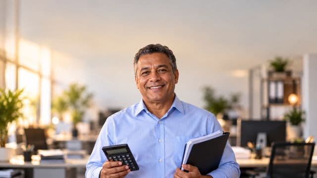 Contador sorrindo, com camisa social azul-clara, segurando uma calculadora e uma pasta de documentos, em um escritório contábil moderno