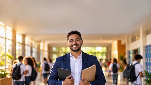 Gestor escolar sorrindo, com blazer azul sobre camisa branca, segurando uma pasta e um tablet, em o corredor de uma escola moderna com alunos desfocados