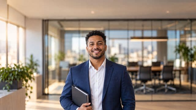 Profissional de recursos humanos sorrindo, com blazer azul sobre camisa branca, segurando uma pasta de documentos, em um escritório moderno com uma sala de reunião envidraçada