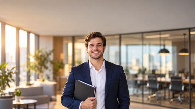 Profissional de recursos humanos sorrindo, com blazer azul sobre camisa branca, segurando uma pasta de documentos, em um escritório moderno com uma sala de reunião envidraçada