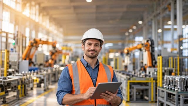 Engenheiro de produção sorrindo, com capacete branco e colete laranja sobre camisa azul, segurando um tablet, em uma fábrica moderna com linha de produção e braços robóticos