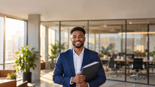 Profissional de recursos humanos sorrindo, com blazer azul sobre camisa branca, segurando uma pasta de documentos, em um escritório moderno com uma sala de reunião envidraçada