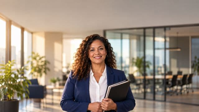 Profissional de recursos humanos sorrindo, com blazer azul sobre camisa branca, segurando uma pasta de documentos, em um escritório moderno com uma sala de reunião envidraçada