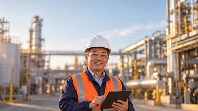 Engenheiro industrial sorrindo, com capacete branco, óculos de proteção e colete laranja, segurando um tablet, em uma planta industrial com tubulações
