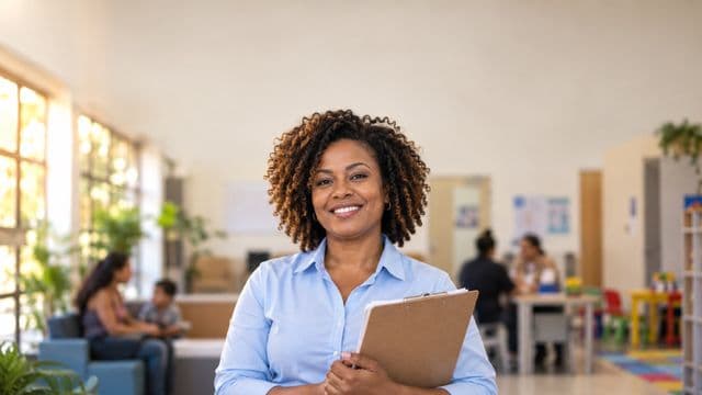 Assistente social sorrindo, com camisa azul-clara, segurando uma prancheta, em um centro de assistência social claro e acolhedor