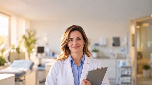 Profissional de saúde sorrindo, com jaleco branco sobre camisa azul-clara, segurando uma prancheta, em uma clínica moderna e bem iluminada
