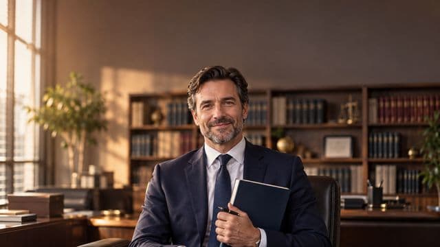 Advogado sorrindo, com terno azul-marinho e camisa branca, segurando um livro de capa lisa e uma caneta, em um escritório de advocacia elegante com estantes de livros
