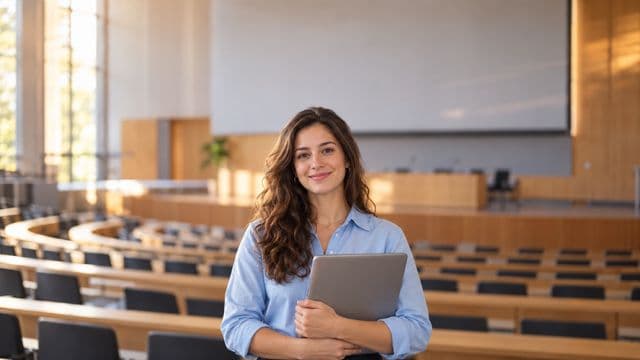 Professora universitária sorrindo, com camisa social azul, segurando um notebook, em um auditório universitário moderno