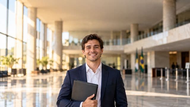 Servidor público sorrindo, com blazer azul-marinho sobre camisa branca, segurando uma pasta, em o saguão amplo de um prédio público moderno