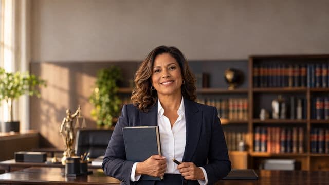 Advogada sorrindo, com terno azul-marinho e camisa branca, segurando um livro de capa lisa e uma caneta, em um escritório de advocacia elegante com estantes de livros