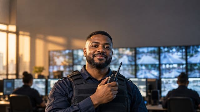 Profissional de segurança pública sorrindo, com farda azul-escura sem brasões, segurando um rádio comunicador, em uma central de monitoramento com telas