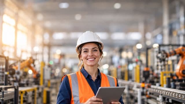 Engenheira de produção sorrindo, com capacete branco e colete laranja sobre camisa azul, segurando um tablet, em uma fábrica moderna com linha de produção e braços robóticos