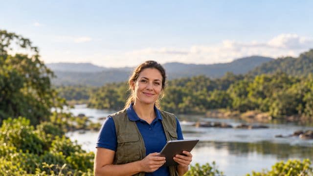 Gestora ambiental sorrindo, com camisa polo azul e colete de campo, segurando um tablet, em uma área de preservação com mata e um rio