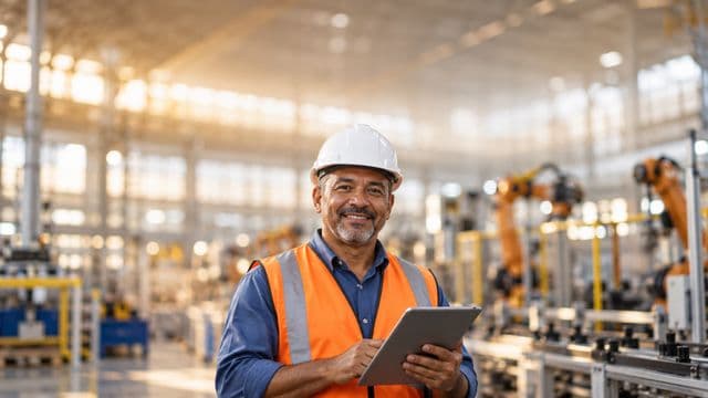 Engenheiro de produção sorrindo, com capacete branco e colete laranja sobre camisa azul, segurando um tablet, em uma fábrica moderna com linha de produção e braços robóticos