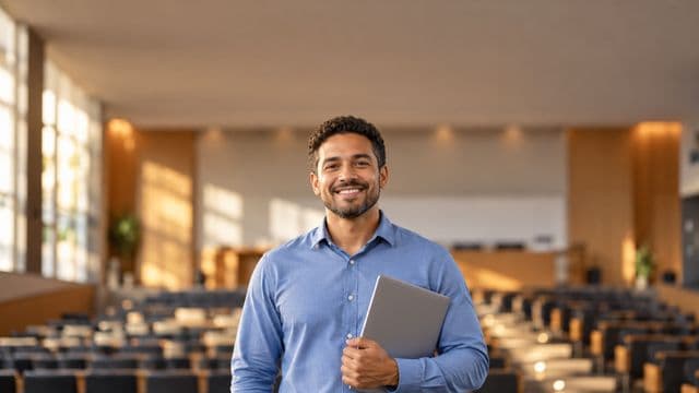 Professor universitário sorrindo, com camisa social azul, segurando um notebook, em um auditório universitário moderno